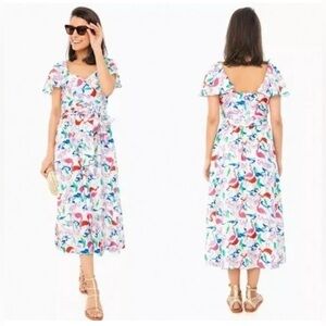 Tanya Taylor 100% Silk Flamingo Midi Teigan Dress Short Sleeve Size 4